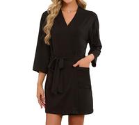 U2SKIIN Womens Tencel Cotton Kimono Robe, Soft Lightweight Short Bathrobe, V-neck Spa Loungewear with Pockets(Black,2XL)