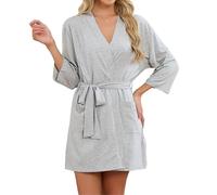 U2SKIIN Womens Tencel Cotton Kimono Robe, Soft Lightweight Short Bathrobe, V-neck Spa Loungewear with Pockets(Light Grey Mel.,L)
