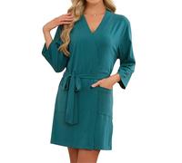 U2SKIIN Womens Tencel Cotton Kimono Robe, Soft Lightweight Short Bathrobe, V-neck Spa Loungewear with Pockets(Blue Green,L)