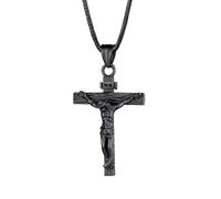 U7 Black Jesus Cross Chain Necklace INRI Amulet Christ Jewellery For Men Women Leather Cord 22"