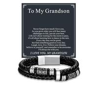 U7 Cuff Leather Bracelets for Men, 19cm(7.5") Black Braided Leather Bracelet, Celtic Knot Beads Double Link with Card To My Grandson, Birthday Christmas Wrist Bangle Jewellery Gift for Grandson