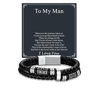 U7 Cuff Leather Bracelets for Men, 19cm(7.5") Black Braided Leather Link, Celtic Knot Beads Double Bracelet with Card To My Man, Birthday Christmas Daily Wrist Bangle Jewellery Gift for Boyfriend