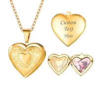 U7 Custom Heart Locket that Holds Picture for Women 14K Gold Plated Locket Necklace Customized Photo Engraved Text Pendant Jewelry Gifts, Rolo Chain
