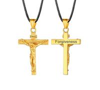 U7 Jesus Cross Necklace for Men Women, Stainless Steel INRI Crucifix Gold Pendant Personalized Custom, Leather Cord Necklaces, Mens Faith Jewelry Gift for Christian Believers