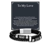 U7 Leather Bracelets for Men, 19cm(7.5") Black Braided Leather Link, Celtic Knot Beads Double Cuff Bracelet with Card To My Love, Birthday Christmas Wrist Bangle Jewellery Gift for Family