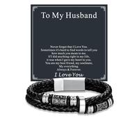 U7 Leather Bracelets for Men, 21cm(8.3") Black Braided Leather Link, Celtic Knot Beads Double Cuff Bracelet with Card To My Husband, Birthday Christmas Wrist Bangle Jewellery Gift for Husband