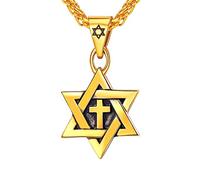 U7 Magen David With Cross Pendant Necklace For Men Jewish Magen, Bat Mitzvah Gift, Gold Plated Stainless Steel Star of David Jewellery Hexagram Israel Judaism Necklace