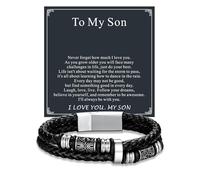 U7 Men's Leather Bracelets, 21cm(8.3") Black Braided Leather Link for Men, Double Cuff Bracelet with Card To My Son, Birthday Christmas Classic Wrist Bangle Jewellery Gift for Son