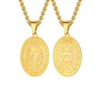 U7 Oval Shape Gold Plated Saint Benedict Medal Pendant Wheat Chain Necklace Stainless Steel Cross Catholicism Jewellery Necklace Christmas