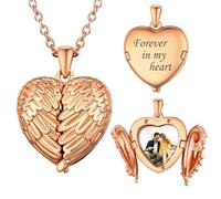 U7 Personalised Heart Necklaces for Women Girls, Heart Wings Rose Gold Plated Locket Necklace with Custom Text and Photos, Rose Gold Locket Necklace, Rolo Chain (Including Jewelry Box)