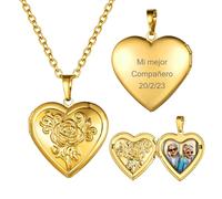 U7 Personalised Heart Photo Necklaces for Women, 14K Gold Plated Locket Necklace with Custom Text and Photos, Gold Locket Necklace That Holds Photos, Women's Pendant with Rose Embossing