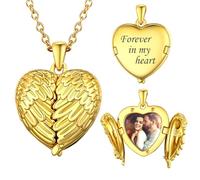 U7 Personalised Heart-Shaped Wings Photo Necklaces for Women, 14K Gold Plated Locket Necklace with Custom Text and Photos, Gold Locket Necklace That Holds Photos