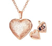 U7 Personalized Locket Necklace for Women Rose Gold Heart Pendant with Full Flower Engraved Text Memorial Necklaces Custom Jewellery Gifts for Girlfriend