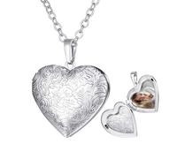 U7 Personalized Locket Necklace for Women Silver Heart Pendant with Full Flower Engraved Text Memorial Necklaces Custom Jewellery Gifts for Girlfriend