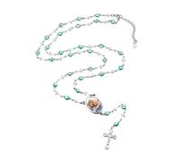 U7 Personalized Rosary Necklace for Women Men with Photo&Text,Stainless Steel Custom Rosary Bead Catholic Cross Y Chain Necklace,Memorial Christian Gift