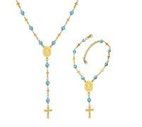 U7 Personalized Rosary Necklace for Women Men with Photo&Text,Stainless Steel Custom Rosary Bead Catholic Cross Y Chain Necklace,Memorial Christian Gift