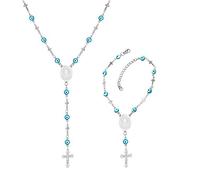 U7 Personalized Rosary Necklace for Women Men with Photo&Text,Stainless Steel Custom Rosary Bead Catholic Cross Y Chain Necklace,Memorial Christian Gift
