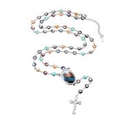 U7 Personalized Rosary Necklace for Women Men with Photo&Text,Stainless Steel Custom Rosary Bead Catholic Cross Y Chain Necklace,Memorial Christian Gift