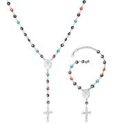 U7 Personalized Rosary Necklace for Women Men with Photo&Text,Stainless Steel Custom Rosary Bead Catholic Cross Y Chain Necklace,Memorial Christian Gift