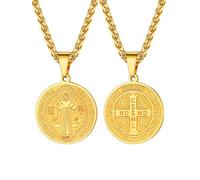 U7 Round Shape Gold Plated Saint Benedict Medal Pendant Wheat Chain Necklace For Men Women Stainless Steel Cross Catholicism Christmas Jewellery Necklace