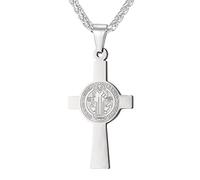 U7 Saint Benedict Medal Necklace for Men Women, Stainless Steel Catholic Cross Pendant, Silver st Crucifix Religious Protection Cross Amulet Jewellery Gift for Faith Believers Christians