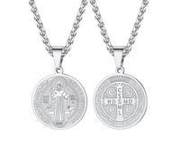 U7 Saint Benedict Medal Necklace for Men Women, Stainless Steel Catholic Round Medallion Pendant, Silver st Crucifix Religious Protection Cross Amulet Jewellery Gift for Faith Believers Christians