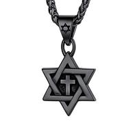 U7 Star of David Necklace for Men Women Gold/Stainless Steel Hexagon Pendant with Cross/Ruby Stone/Classic Jewish Isael Necklaces,Length 22" 24" 26"