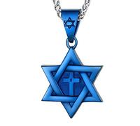 U7 Star of David Necklace for Men Women Gold/Stainless Steel Hexagon Pendant with Cross/Ruby Stone/Classic Jewish Isael Necklaces,Length 22" 24" 26"