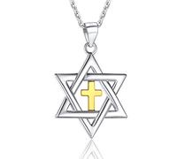 U7 Star of David Necklace for Men Women Gold/Stainless Steel Hexagon Pendant with Cross/Ruby Stone/Classic Jewish Isael Necklaces,Length 22" 24" 26"
