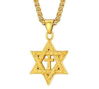 U7 Star of David Necklace Gold Vintage Pattern Hexagram with Cross Pendant Present for Boyfriend, 18K Gold Plated Stainless Steel Jewish Jewellery Religious Necklace Men