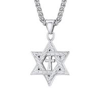 U7 Vintage Pattern Star of David With Cross Pendant Necklace, Present For Girlfriend, Stainless Steel Religious Jewellery For Women Jewish Hexagram Necklace