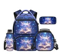 Uacyareni Axolotl Book School Backpack for Girls Boys Kids Backpack Set 4 in 1 with Lunch Box Pencil Case Water Bottle Sleeve for Elementary Middle School Mochila Para Adolescentes