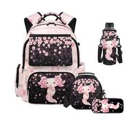 Uacyareni Axolotl Cherry Blossom Large Backpack for School for Girls Kids Backpack Set with Insulated Lunch Box Pencil Case Water Bottle Sleeve for Middle School Elementary 8-12 Years