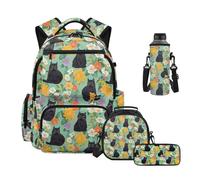 Uacyareni Black Cat Backpack for Kids 4-in-1 Set with Lunch Compartment Pencil Case Water Bottle Sleeve Floral Middle School Backpacks for Girls 8-10