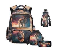 Uacyareni Cat School Backpack for Girls 4-Piece Set Galaxy Space Kitten Reflection Backpack with Lunch Box Pencil Case Water Bottle Sleeve Middle School Backpacks for Girls