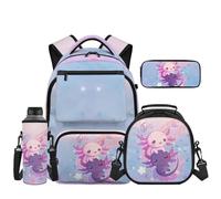 Uacyareni Couple Axolotl Backpack and Lunch Box Set 4PCS Girls 8-12 School Backpack with Pencil Case Water Bottle Sleeve Elementary Middle School Bookbag