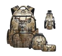 Uacyareni Deer Camo Hunting Backpack for Kids 4 in 1 Set Middle School Backpacks for Girls Boys with Lunch Compartment Pencil Holder Neoprene Water Bottle Bag