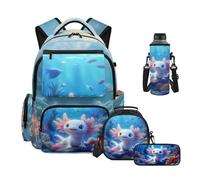 Uacyareni Girls Axolotl Backpack with Lunch Box 4PCS Set Neoprene Water Bottle Bag Pencil Case School Backpack for Kids Primary School 6-8 Years Mochila Niña