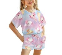Uacyareni Girls Pyjamas Summer Shorts Sets Cute Axolotl Pattern Comfortable PJs for Girls Short 2 Pcs Nightwear T-Shirt Short for Kids Teen -5-6