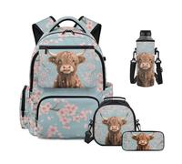 Uacyareni Highland Cow Large Backpack for School 4 Pcs Set with Lunch Box Pencil Holder Neoprene Water Bottle Bag Cherry Blossom Middle School 10-12 Years Bookbag