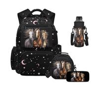 Uacyareni Horses Moon Star Backpack for Kids 4 in 1 Set Girls Large Backpack with Lunch Box Pencil Case Neoprene Water Bottle Bag School Backpack 8-12 Years