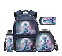 Uacyareni Kids Backpacks for Girls 4PCS Set Moon Dragon Flowers Backpack with Lunch Box Pencil Case Neoprene Water Bottle Sleeve Elementary School 5th Grade