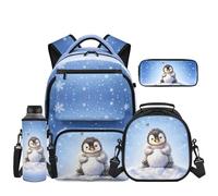 Uacyareni Penguin Snowball Backpack and Lunch Box Set for Kids Girls 4 in 1 School Backpack with Pencil Case Water Bottle Sleeve for Middle School 10-12 Years Mochila Escolar Para NiñAs
