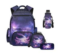 Uacyareni Universe Galaxy Axolotl Girls School Backpack 4 in 1 Set Backpack with Lunch Box Pencil Case Neoprene Water Bottle Sleeve Middle School Backpacks for Girls