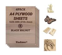 Uadme Plywood Sheets, A4 3mm 4 Pack Wood Burning Model Making Laser Ply Material, Unfinished Wood for Woodcraft Model, Crafts, Painting, Engraving, Stenciling (Black Walnut)