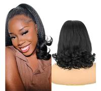 UAmy hair Flick 14 Inch Yaki Straight Ponytail Extension with Drawstring for Black Women Shoulder Length Natural Black Synthetic Kinky Straight Hair