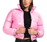 Uaneo Women's Cropped Puffer Jacket Winter Shiny Zip Up Short Bubble Puffy Coats, Pink, Medium