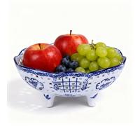 UANYEMON Blue and White Ceramic Fruit Bowl for Kitchen Counter,Decorative Pedestal Bowl for Table Countertop,Large Footed Serving Bowl,Large Fruits Basket