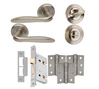 UAP E-Kappa Internal Door Handles Bathroom Pack with Lock, Hinges, and Escutcheon Satin Nickel Polished, 75mm