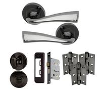 UAP Limited Uap Scimitar Internal Door Handles Bathroom Pack With 65mm Lock Hinges Escutcheon Black Nickel Polished